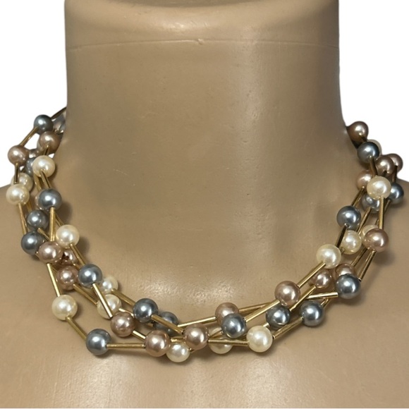 Vintage 80s Avon Floating Pearl Necklace 4 Strands Gold gray mauve cream 16" - Picture 1 of 12